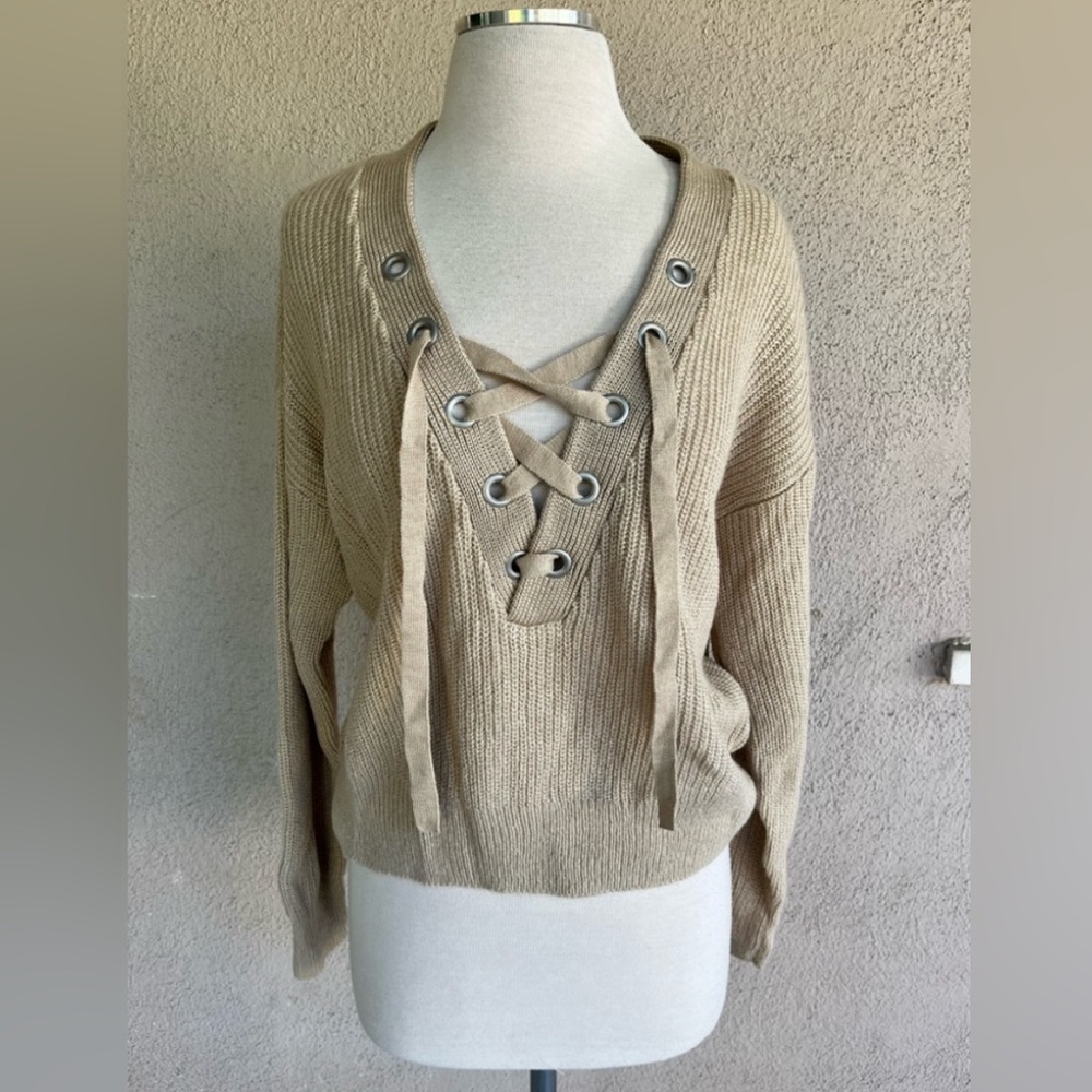 Beige Lace-Up Sweater